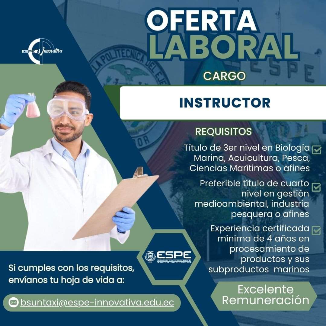 INSTRUCTOR BIOLOGÍA MARINA, ACUICULTURA, PESCA, CIENCIAS MARÍTIMAS O AFINES